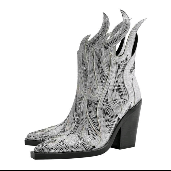 NEW RHINESTONE COWGIRL BOOTS SPARKLY POINTED TOE BLOCK HEEL ANKLE BOOTIES - Picture 2 of 6